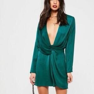 Missguided Satin Twist Front Mini Dress Teal Green Long Sleeve Size 8